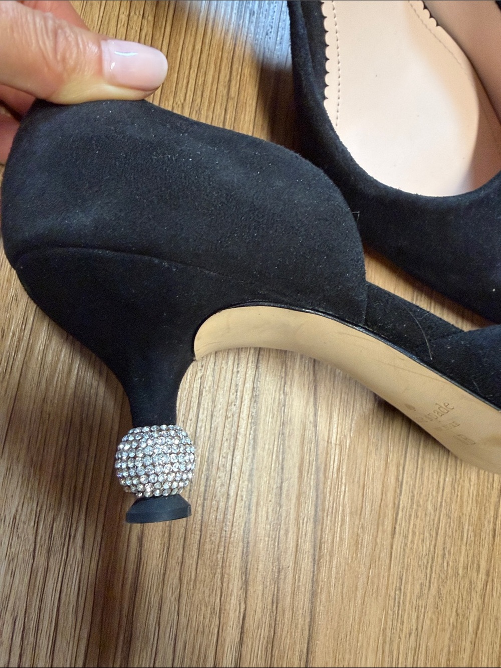 Kate Spade Black Suede Pointed-Toe D'Orsay Pumps with Embellished Heel - Picture 5 of 5